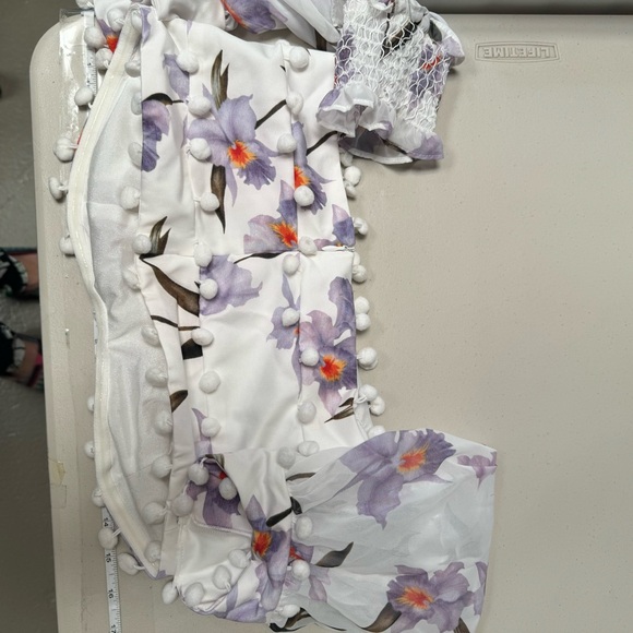 Skirt Set Floral pom pom trim Bodice off shoulder sheer sleeve crop top purple - Picture 13 of 15